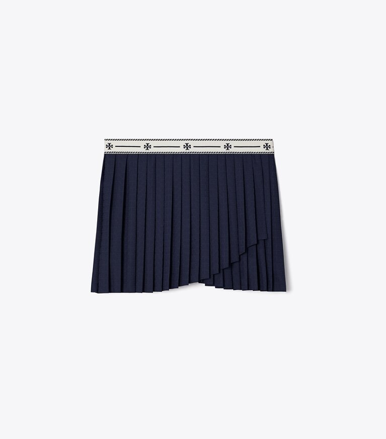Tory Sport diseñador prendas inferiores Falda con sobrefalda plisada de jersey de jacquard de alto rendimiento en Tory Navy frente