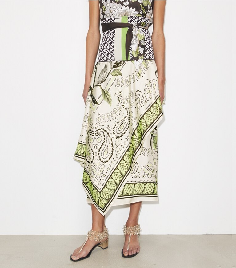 Tory Burch diseñador prendas inferiores Falda cruzada con pañuelo de seda en Mint Cockatoo detalle en modelo