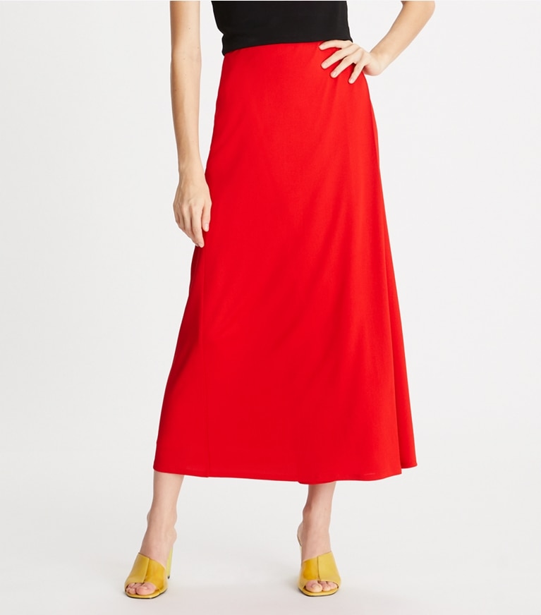 Tory Burch diseñador prendas inferiores Falda cruzada de crepé de jersey en Vivid Red detalle en modelo