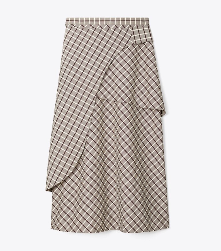 Tory Burch diseñador prendas inferiores Falda cruzada de lana en Plum/Ivory Windowpane frente