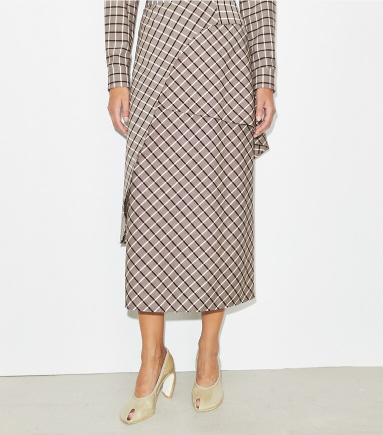 Tory Burch diseñador prendas inferiores Falda cruzada de lana en Plum/Ivory Windowpane detalle en modelo
