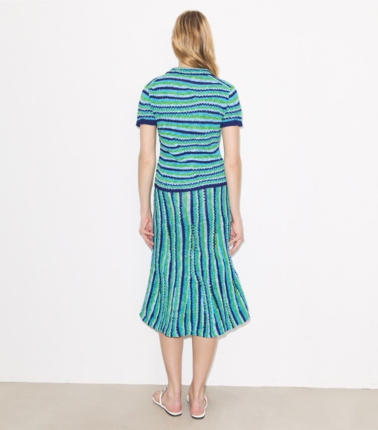 Tory Burch diseñador prendas inferiores Falda de algodón a rayas en Ocean / Light  Blue / Green parte posterior en modelo