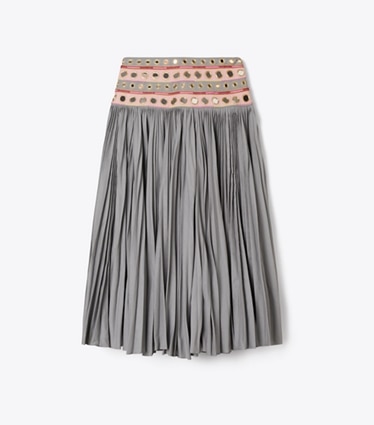 Tory Burch diseñador prendas inferiores Falda de algodón con adornos de espejo en Gray / Pink frente