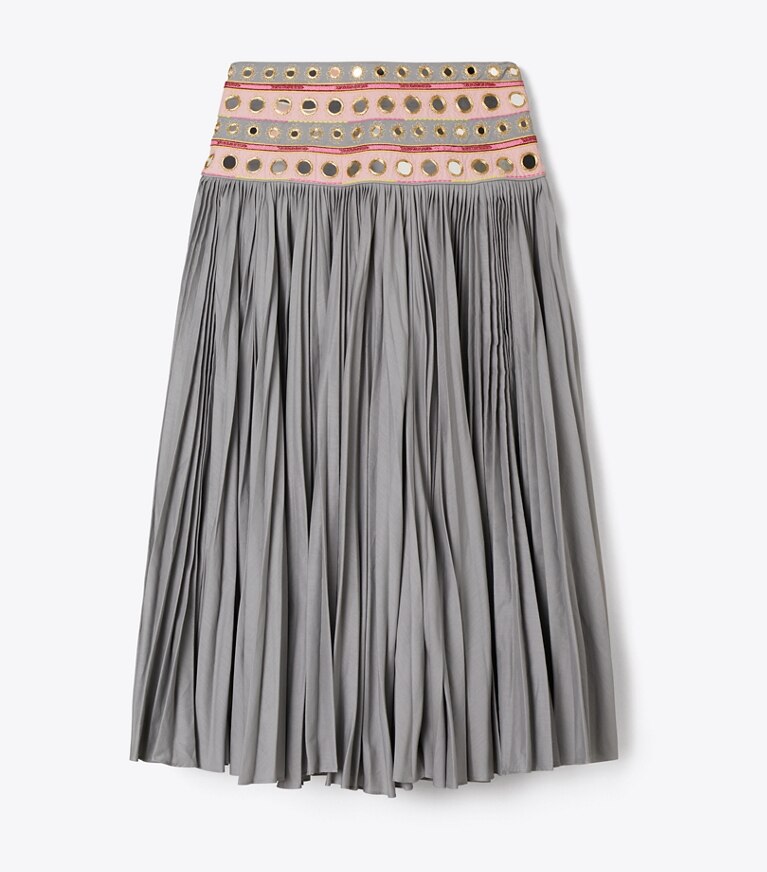 Tory Burch diseñador prendas inferiores Falda de algodón con adornos de espejo en Gray / Pink frente