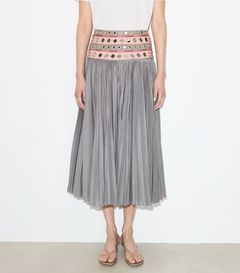 Tory Burch diseñador prendas inferiores Falda de algodón con adornos de espejo en Gray / Pink detalle en modelo