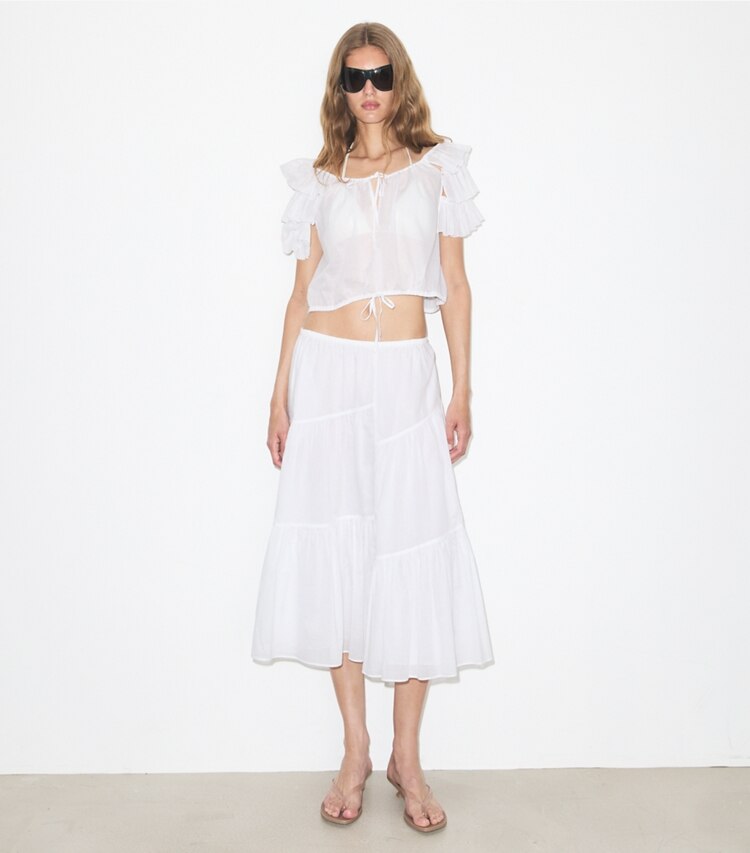 Tory Burch diseñador ropa de playa Falda de algodón en White frente en modelo
