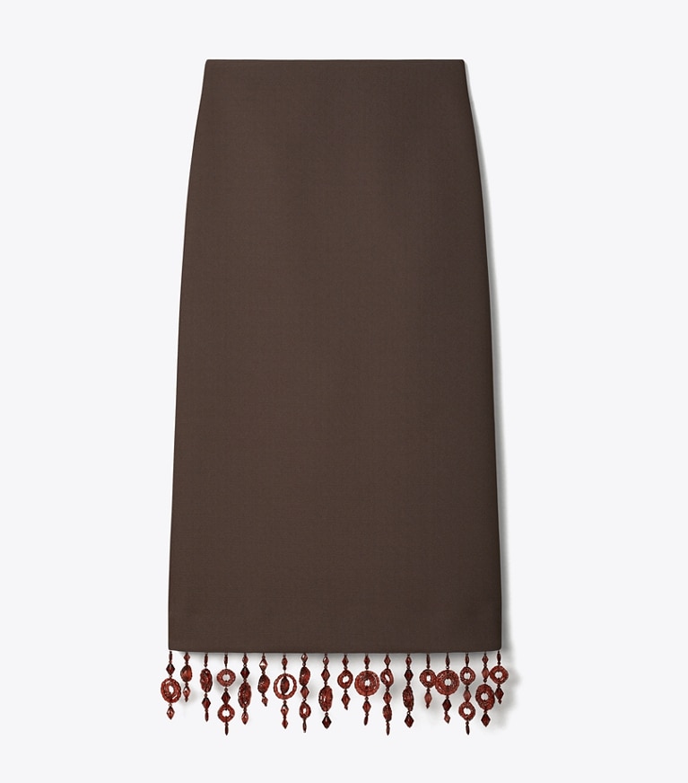 Tory Burch diseñador prendas inferiores Falda de crepé con adornos en Dark Mocha frente