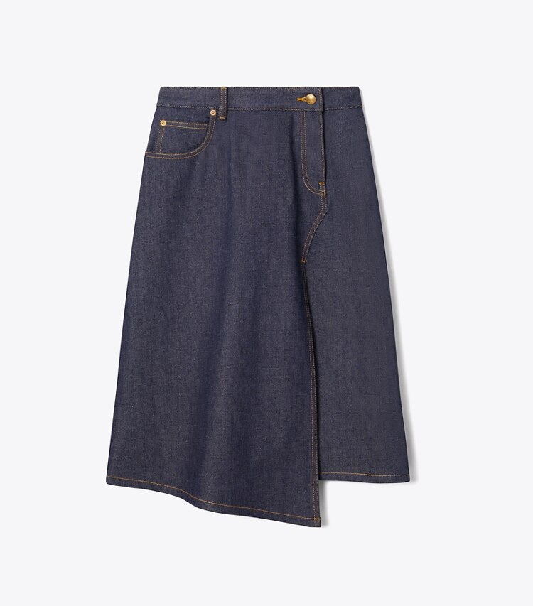 Tory Burch diseñador prendas inferiores Falda de denim de algodón en Raw/Unwashed frente