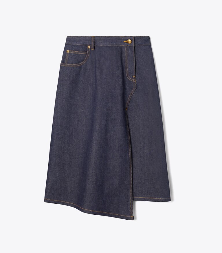 Tory Burch diseñador prendas inferiores Falda de denim de algodón en Raw/Unwashed frente