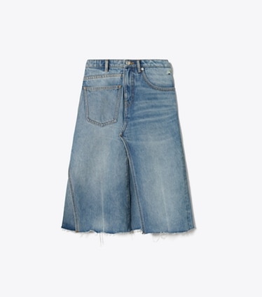 Tory Burch diseñador prendas inferiores Falda de denim deconstruida en Worn Vintage Wash frente