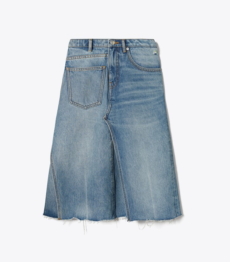 Tory Burch diseñador prendas inferiores Falda de denim deconstruida en Worn Vintage Wash frente