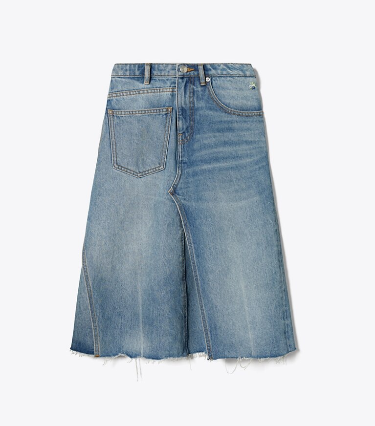 Tory Burch diseñador prendas inferiores Falda de denim deconstruida en Worn Vintage Wash frente
