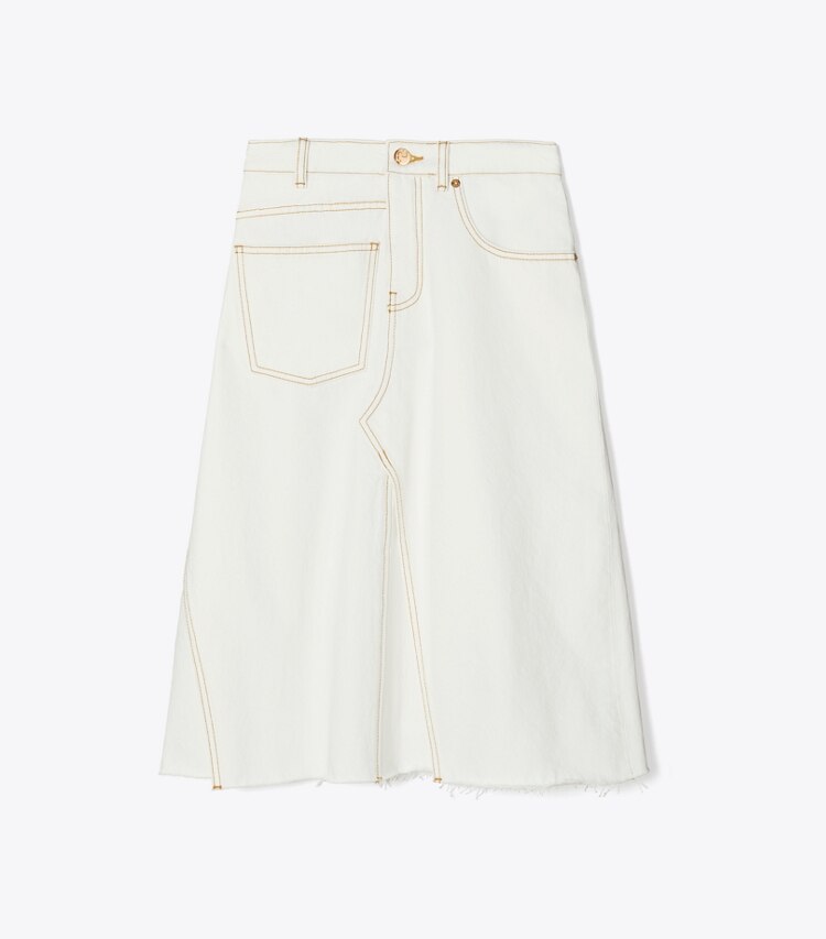 Tory Burch diseñador prendas inferiores Falda de denim deconstruida en White Chalk Wash frente