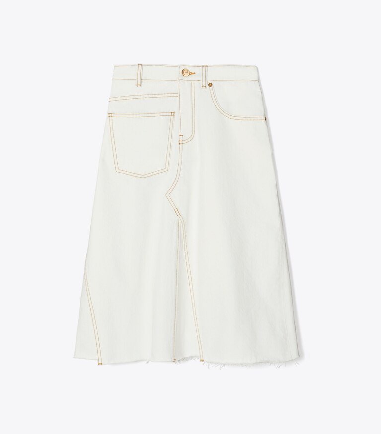 Tory Burch diseñador prendas inferiores Falda de denim deconstruida en White Chalk Wash frente