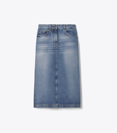 Tory Burch diseñador prendas inferiores Falda de denim en Light Vintage Wash frente