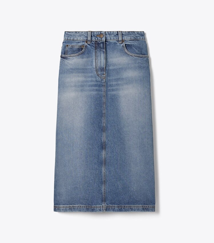 Tory Burch diseñador prendas inferiores Falda de denim en Light Vintage Wash frente