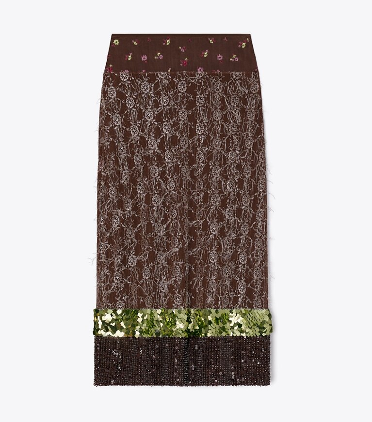 Tory Burch diseñador prendas inferiores Falda de encaje con adornos en Coffee frente