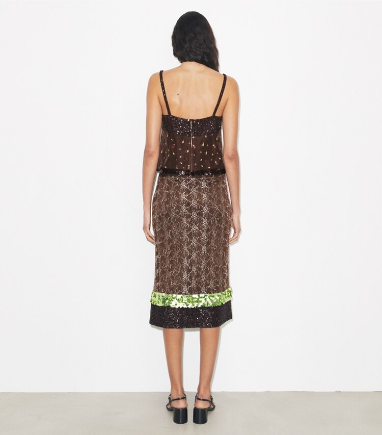 Tory Burch diseñador prendas inferiores Falda de encaje con adornos en Coffee parte posterior en modelo