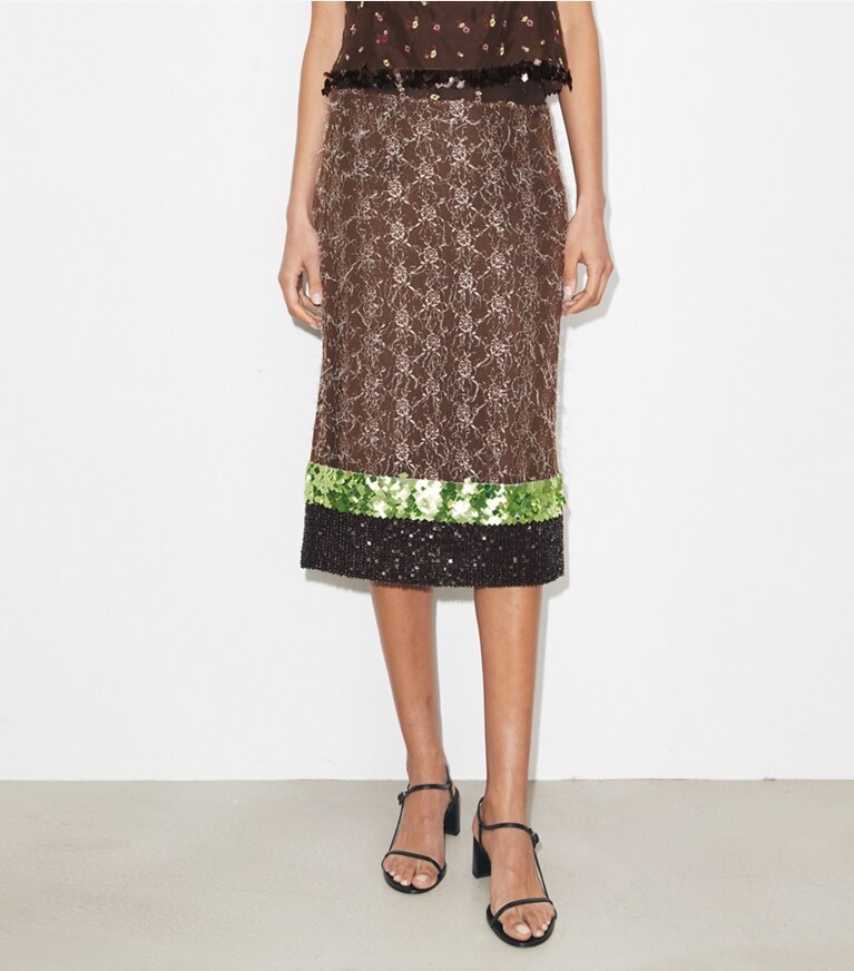 Tory Burch diseñador prendas inferiores Falda de encaje con adornos en Coffee detalle en modelo