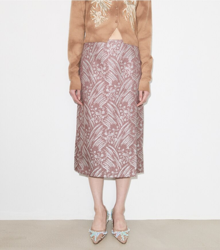 Tory Burch diseñador prendas inferiores Falda de jacquard de seda en Mauve Wispy Flower detalle en modelo