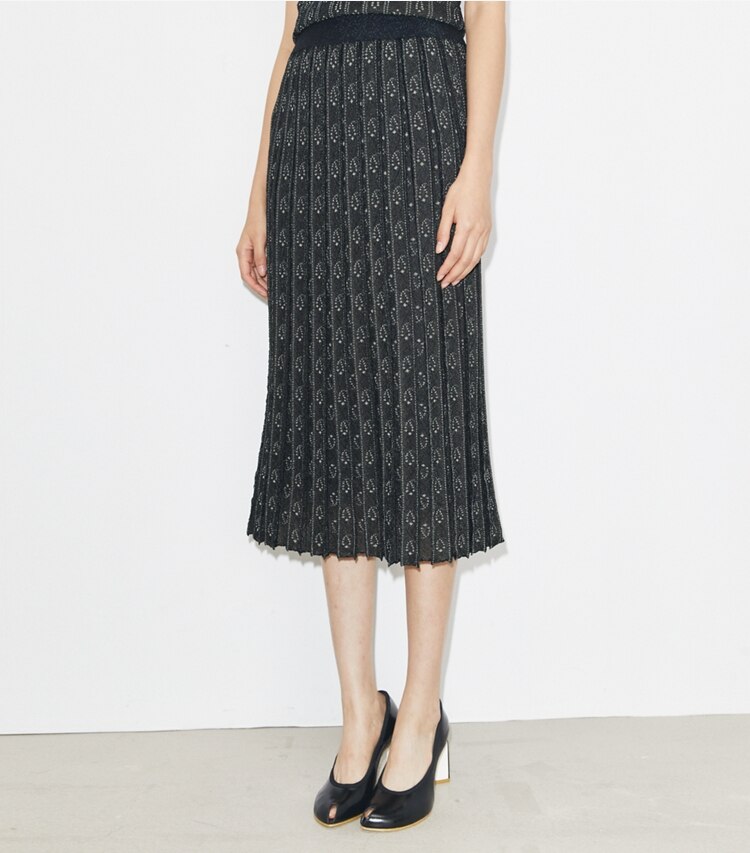 Tory Burch diseñador prendas inferiores Falda de Jacquard en Metallic Navy / Beige detalle en modelo