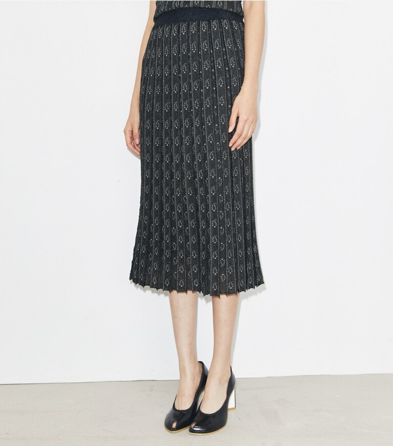 Tory Burch diseñador prendas inferiores Falda de Jacquard en Metallic Navy / Beige detalle en modelo
