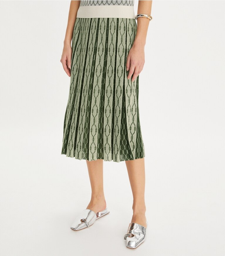 Tory Burch diseñador prendas inferiores Falda de jacquard plisada en French Cream / Jadite detalle en modelo