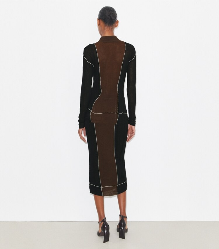 Tory Burch diseñador prendas inferiores Falda de lana con bloques de color en Black / Chocolate parte posterior en modelo
