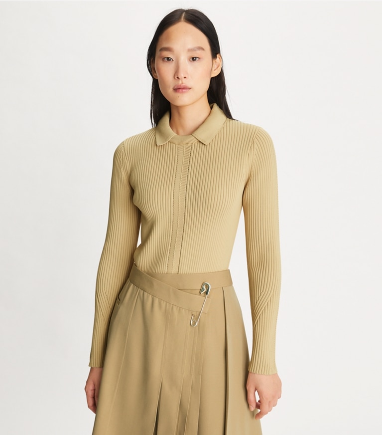 Tory Burch diseñador prendas inferiores Falda de lana deconstruida en Pale Teak detalle en modelo