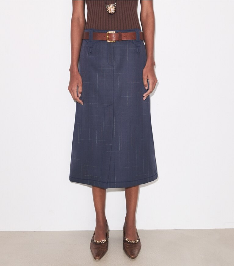 Tory Burch diseñador prendas inferiores Falda de lana en Steel detalle en modelo