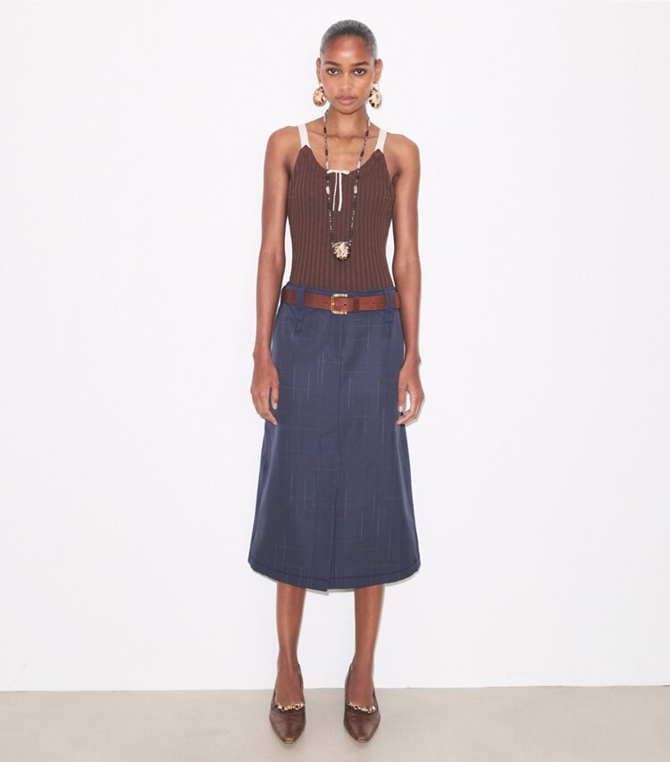 Tory Burch diseñador prendas inferiores Falda de lana en Steel frente en modelo