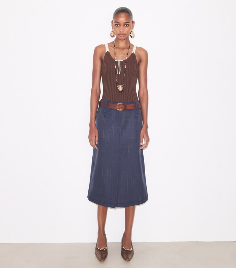 Tory Burch diseñador prendas inferiores Falda de lana en Steel frente en modelo
