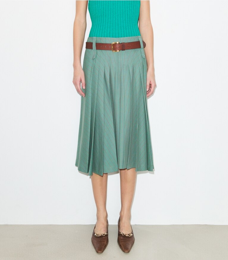 Tory Burch diseñador prendas inferiores Falda de lana plisada en Teal / Red Stripe detalle en modelo