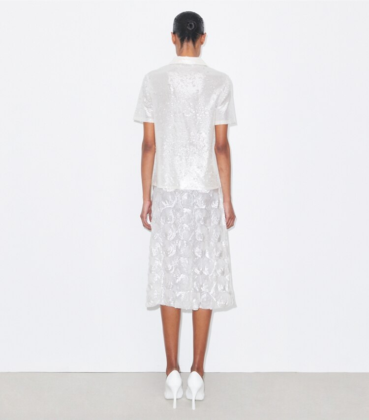 Tory Burch diseñador prendas inferiores Falda de lentejuelas adornada en Marshmallow parte posterior en modelo