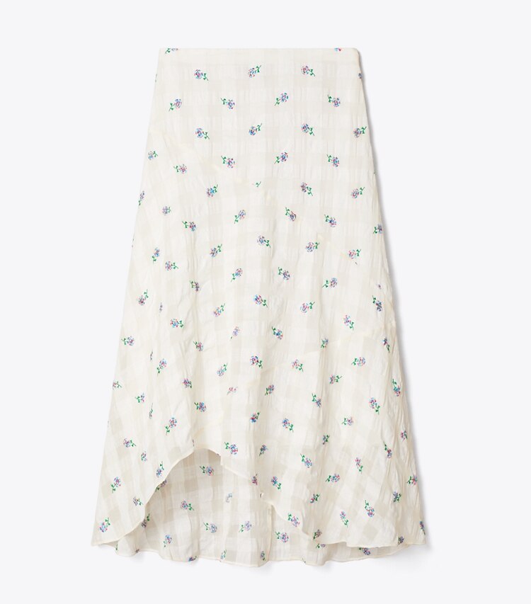 Tory Burch diseñador prendas inferiores Falda de lino bordada en Ivory Embroidered Gingham frente