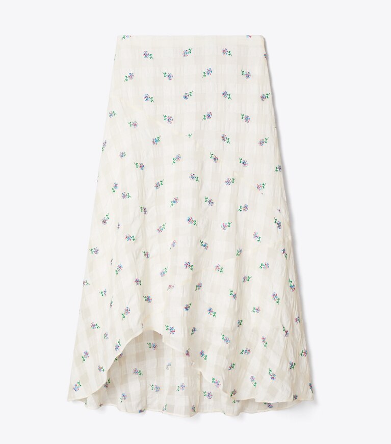 Tory Burch diseñador prendas inferiores Falda de lino bordada en Ivory Embroidered Gingham frente