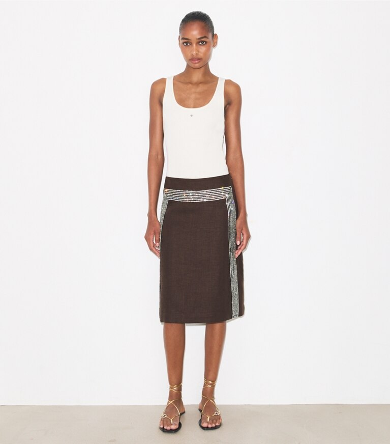 Tory Burch diseñador prendas inferiores Falda de lino con adornos en Light Chocolate adicional en modelo