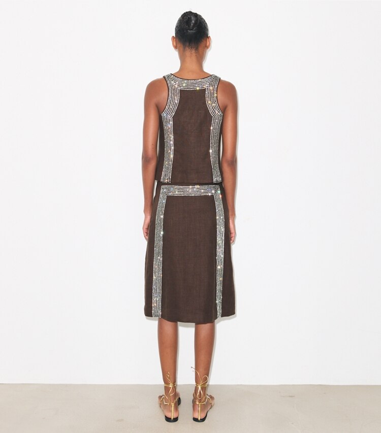 Tory Burch diseñador prendas inferiores Falda de lino con adornos en Light Chocolate parte posterior en modelo