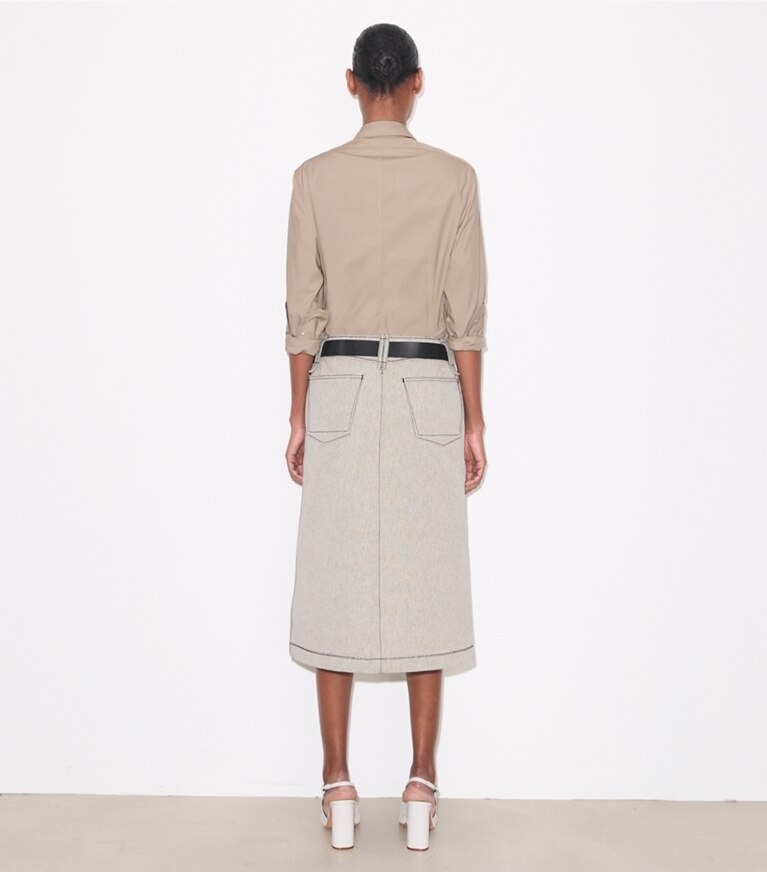 Tory Burch diseñador prendas inferiores Falda de lona de algodón en Black / Ivory parte posterior en modelo