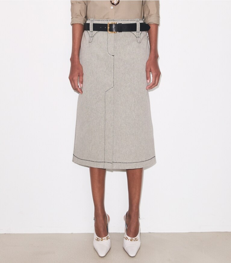 Tory Burch diseñador prendas inferiores Falda de lona de algodón en Black / Ivory detalle en modelo
