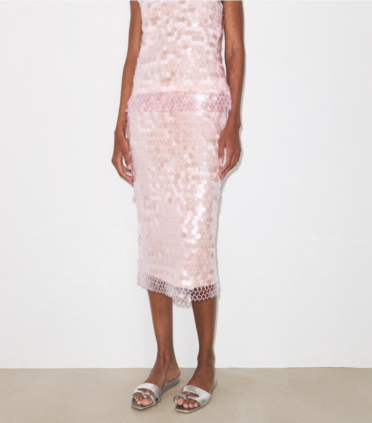 Tory Burch diseñador prendas inferiores Falda de malla con lentejuelas en Snow White / Light Pink detalle en modelo