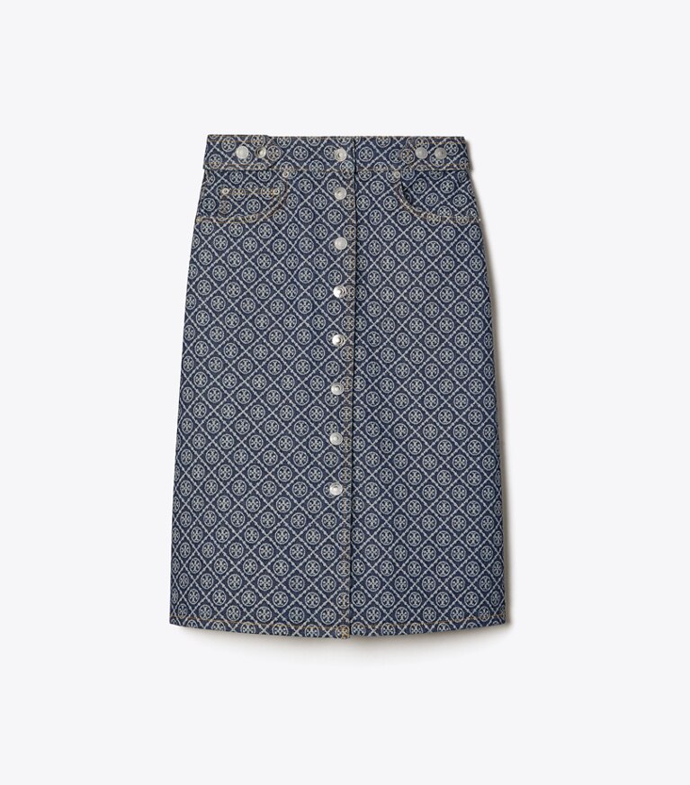 Tory Burch diseñador prendas inferiores Falda de mezclilla acampanada en T Monogram Stone Wash frente
