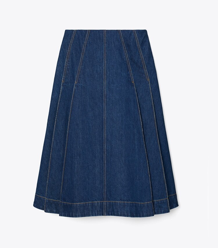 Tory Burch diseñador prendas inferiores Falda de mezclilla plisada en Dark Vintage Wash frente