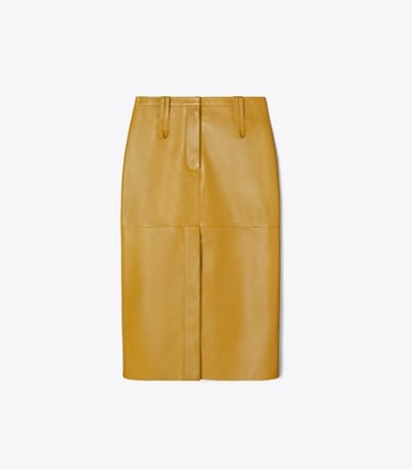 Tory Burch diseñador prendas inferiores Falda de piel en Sienna Gold frente