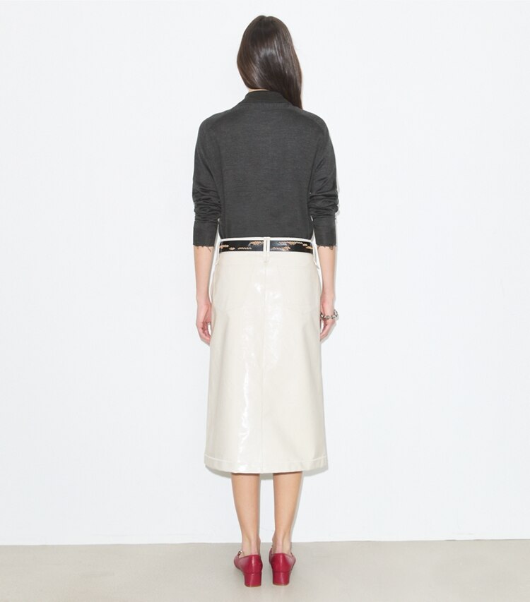 Tory Burch diseñador prendas inferiores Falda de piel en Cream parte posterior en modelo