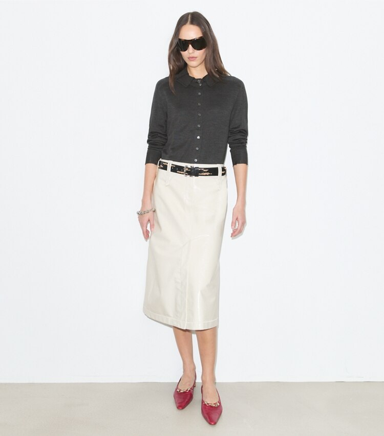 Tory Burch diseñador prendas inferiores Falda de piel en Cream frente en modelo