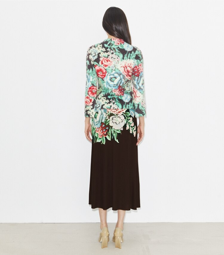 Tory Burch diseñador prendas inferiores Falda de punto estampada en Brown Floral parte posterior en modelo