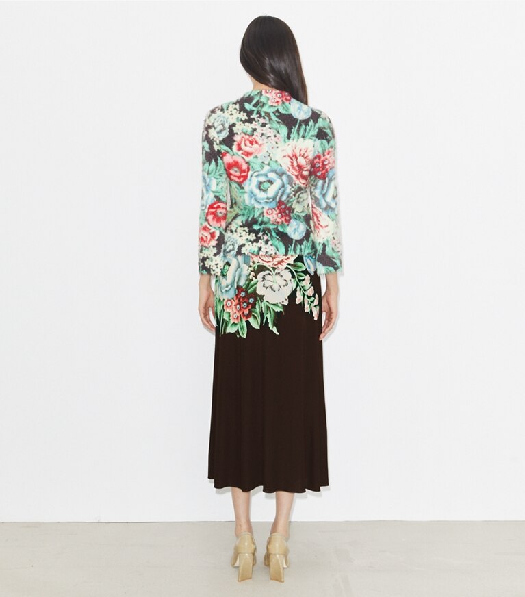 Tory Burch diseñador prendas inferiores Falda de punto estampada en Brown Floral parte posterior en modelo