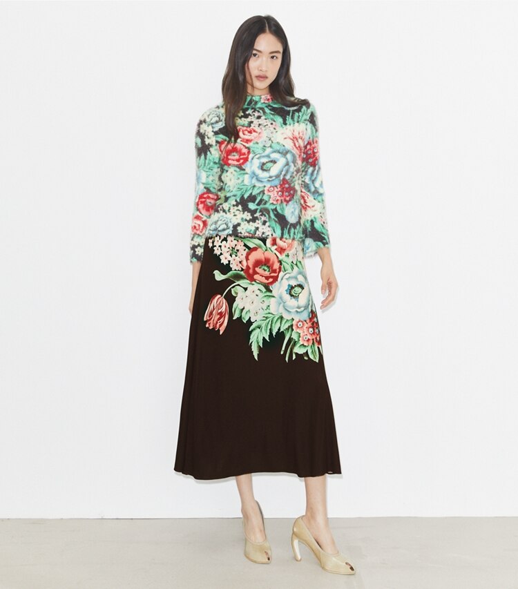 Tory Burch diseñador prendas inferiores Falda de punto estampada en Brown Floral frente en modelo