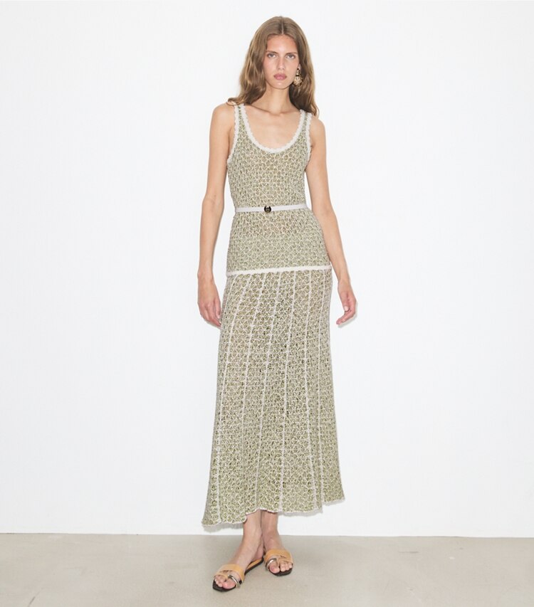 Tory Burch diseñador prendas inferiores Falda de punto plisada en Green / White frente en modelo